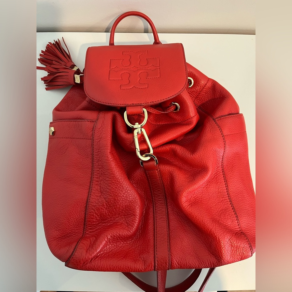 Tory Burch Red Leather Drawstring Backpack with Tassel